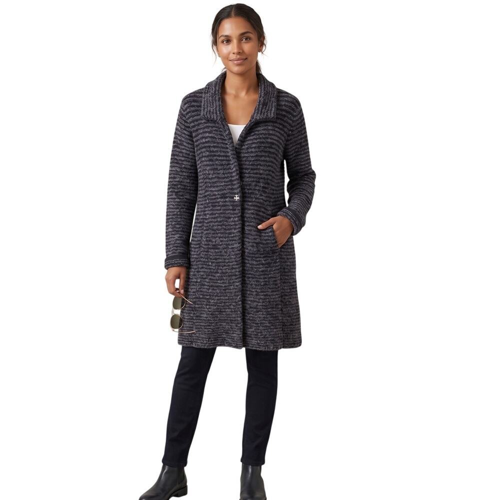 White + Warren Boucle Sweater Coat Gray Black Alpaca Wool Cardigan L